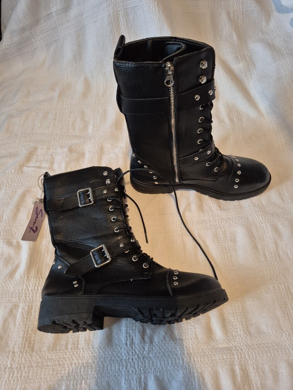 Seven7 Women's 10 Studded Buckle Strap Combat Boots in black vegan leather NEW